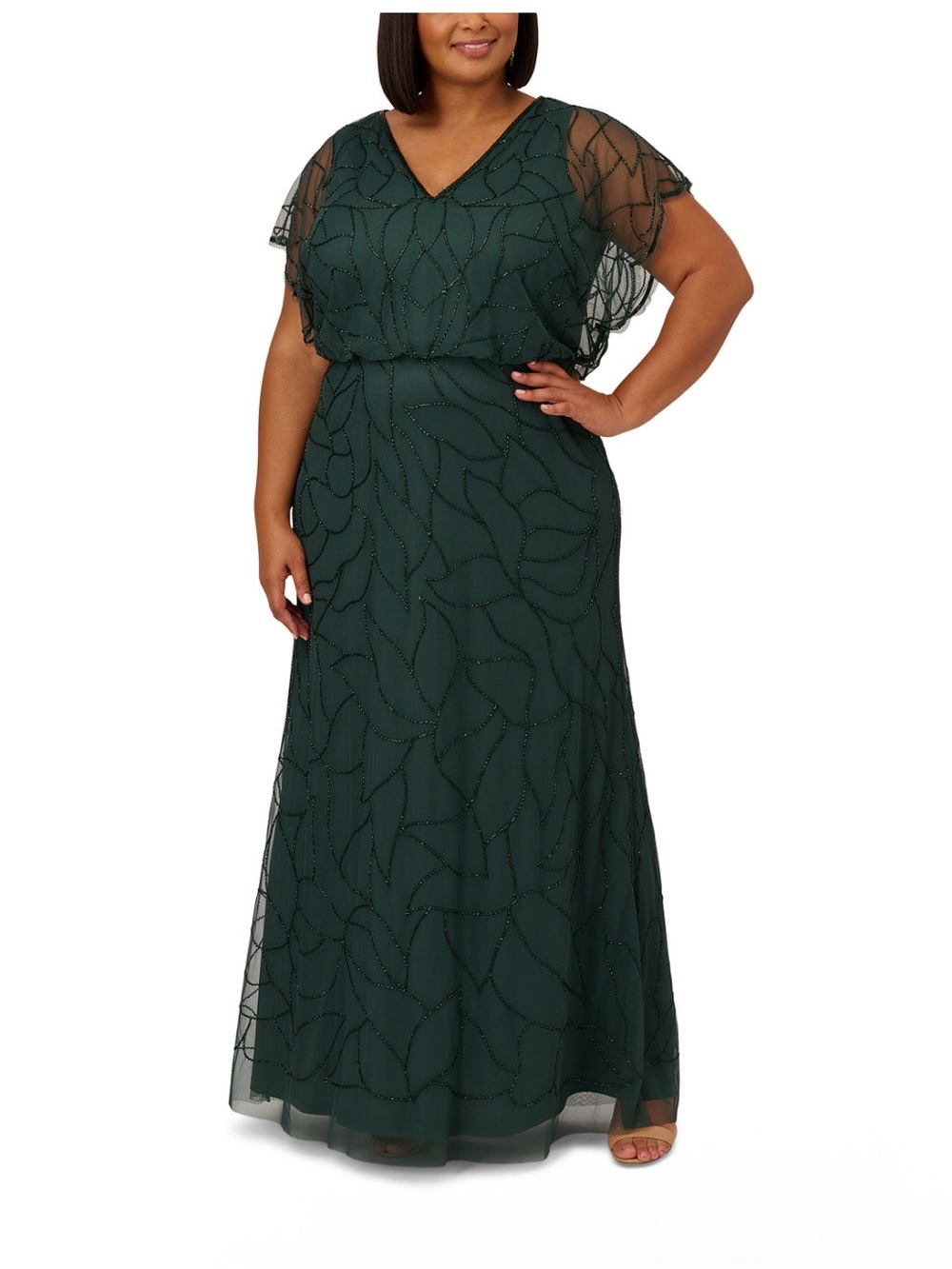 Adrianna Papell Dark Green Beaded Flutter Sleeve Gown NWT SZ 14 Formal MOB GALA - Picture 8 of 13